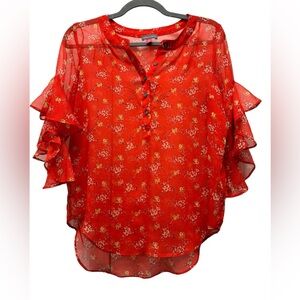 Vince Camuto sheer floral blouse, flutter sleeve, red, size women's XXS